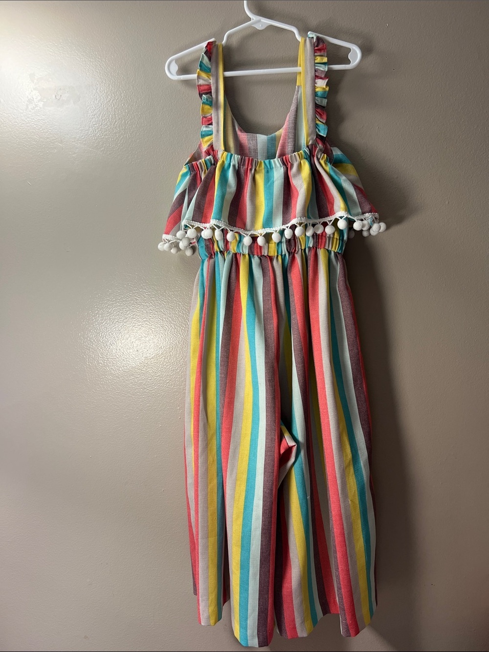 Bonnie Jean Multicolor Stripe Jumpsuit with White Pom Trim - Picture 4 of 4